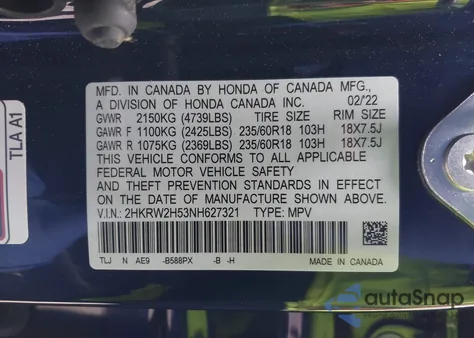 2022 Honda Cr-V Awd Ex from USA, damaged, VIN 2HKRW2H53NH627321